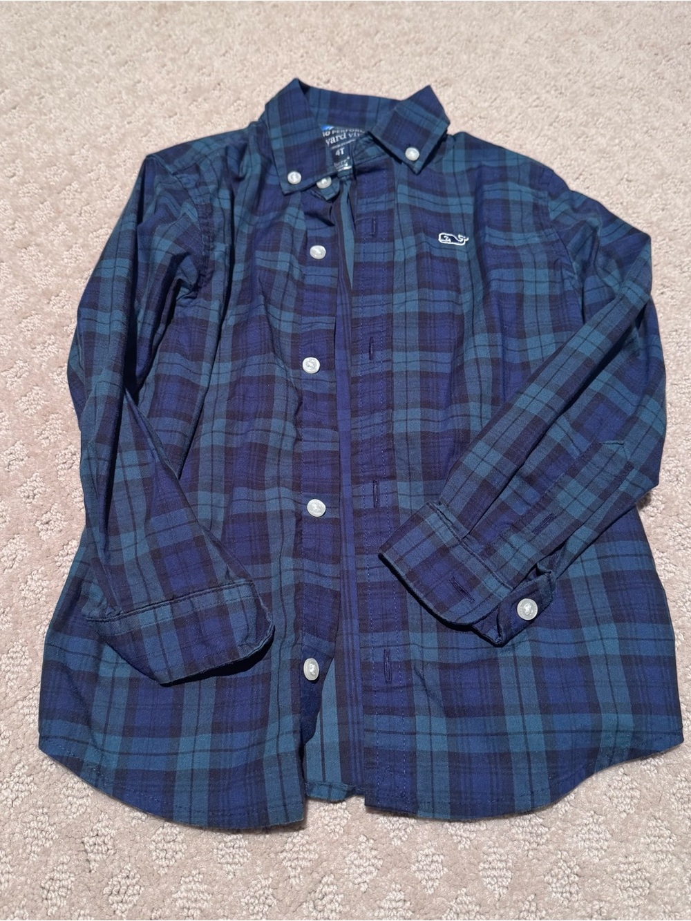 Vineyard Vines Boys Navy and Green Plaid Button-Up Shirt